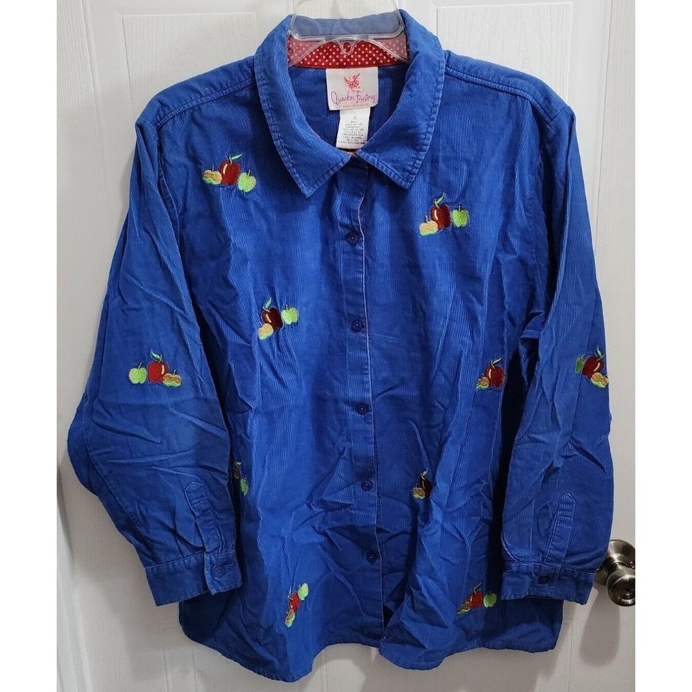 Quacker Factory Women's Button Up Long Sleeve Blue Corduroy Apples Embroidery 1X